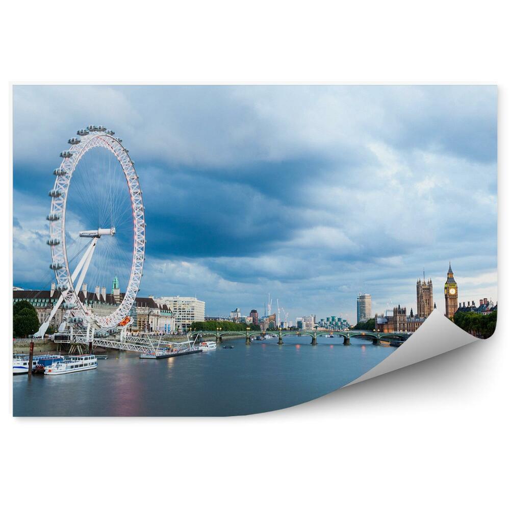 Papier peint Bateaux sur la Tamise Roue d'observation du pont Big Ben Nuages Arbres Londres
