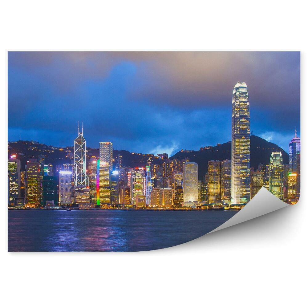 Papier peint Vue Panoramique Gratte-Ciel Lumières Océan Montagne Lumières Ciel Nuages Hong Kong Chine
