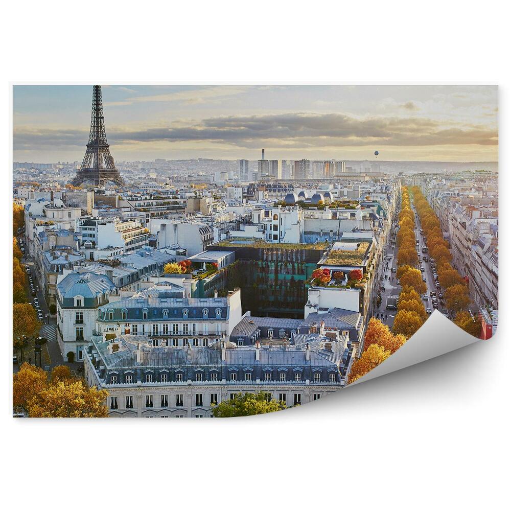 Papier peint Panorama De Paris Bâtiments Arbres Rues Tour Eiffel Ciel Nuages