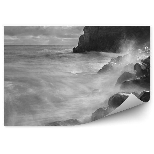 Papier peint Sépia Océan Vagues Rochers Ciel Nuages Côte De Madère