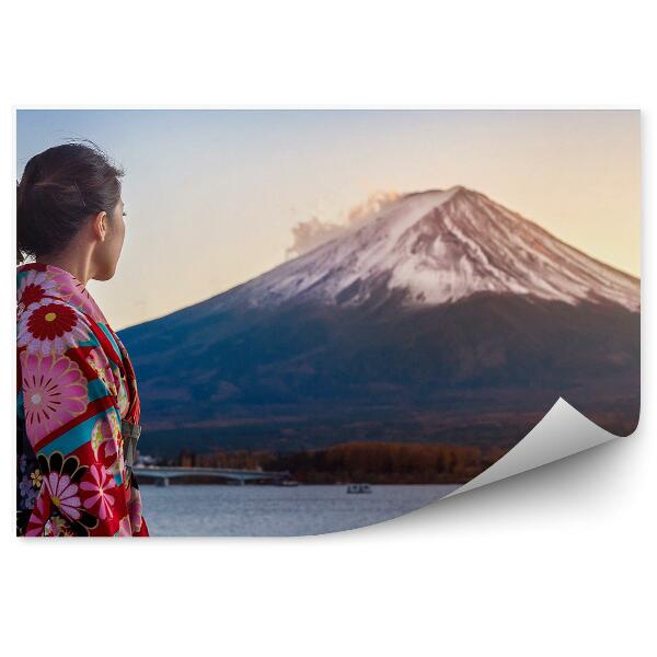 Papier peint Femme portant un kimono montagne fuji eau