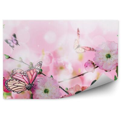 Papier peint Fleurs roses papillons colorés fond blanc points