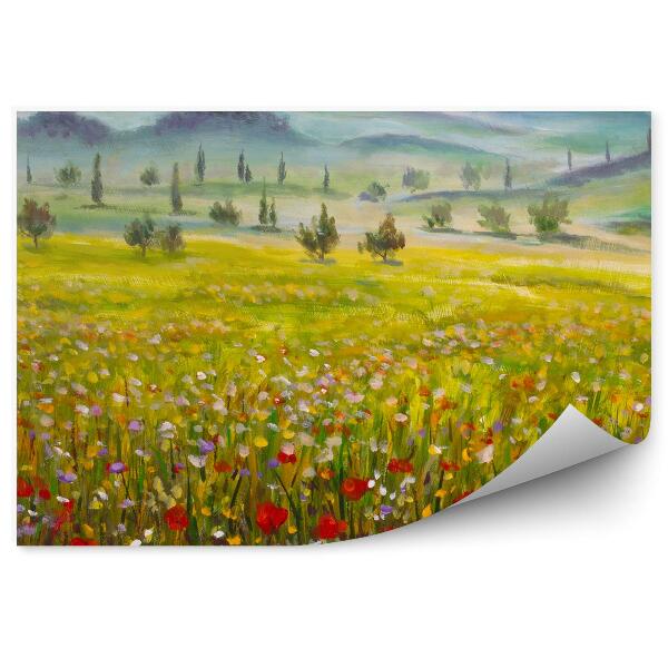 Papier peint Fleurs dans la prairie Arbres Peinture Toscane