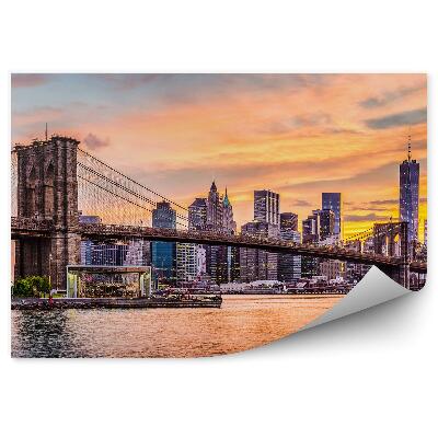 Papier peint Pont de Brooklyn Gratte-ciel Rivière Coucher de soleil New York Arbres Nuages