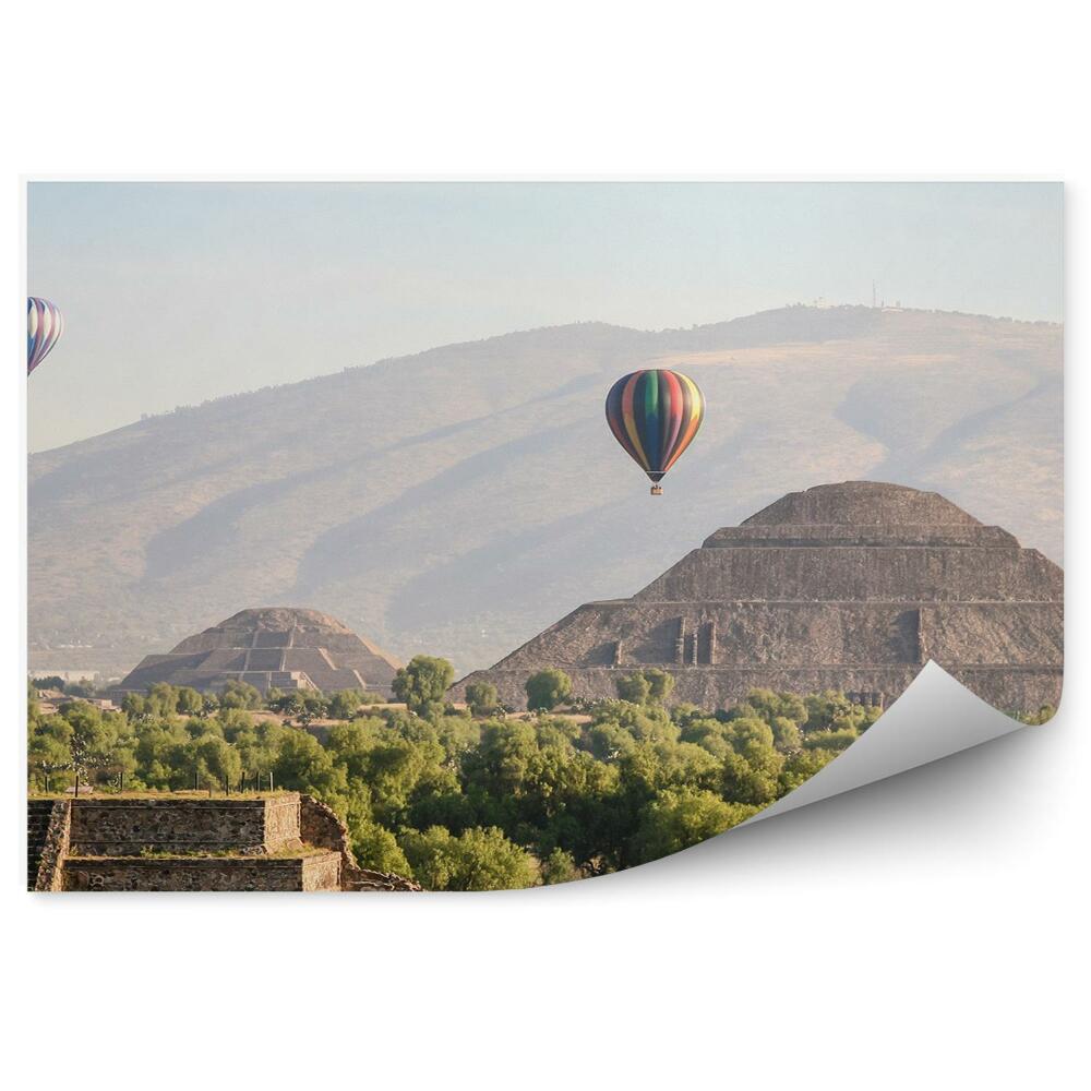 Papier peint Montgolfière Pyramide D'air Chaud Mexicaine Arbres Montagnes
