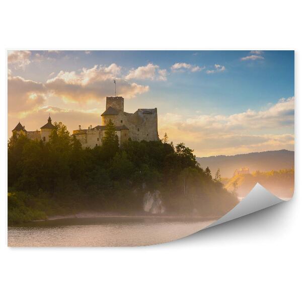 Papier peint Château Médiéval Niedzica Czorsztyn Lac Conifères Ciel Nuages Pieniny