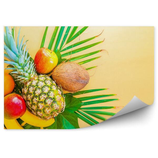 Papier peint panoramique Fruits tropicaux noix de coco ananas feuilles fond jaune