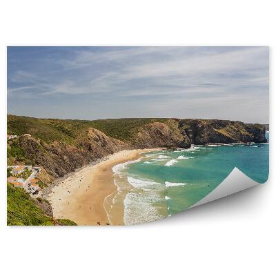 Papier peint Plage Arrifana Bâtiments Arbres Rochers Océan Vagues