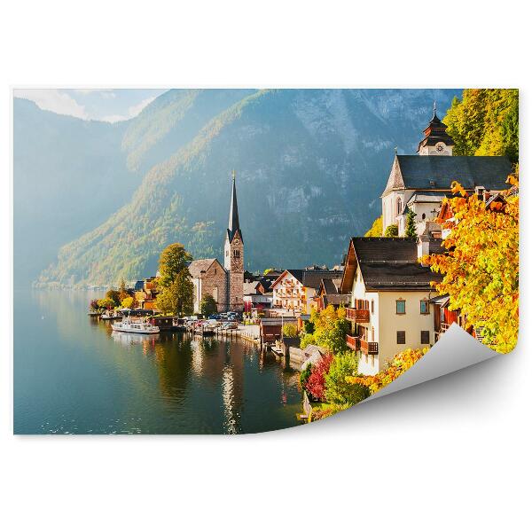 Papier peint Village Hallstatt Autriche Alpes Arbres Automne Lac