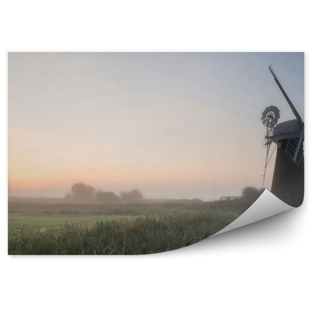 Papier peint Moulin À Vent Herbe Brouillard Été Paysage Ciel