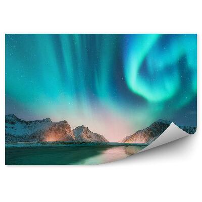 Papier peint Îles norvège aurore boréale montagnes neige eau