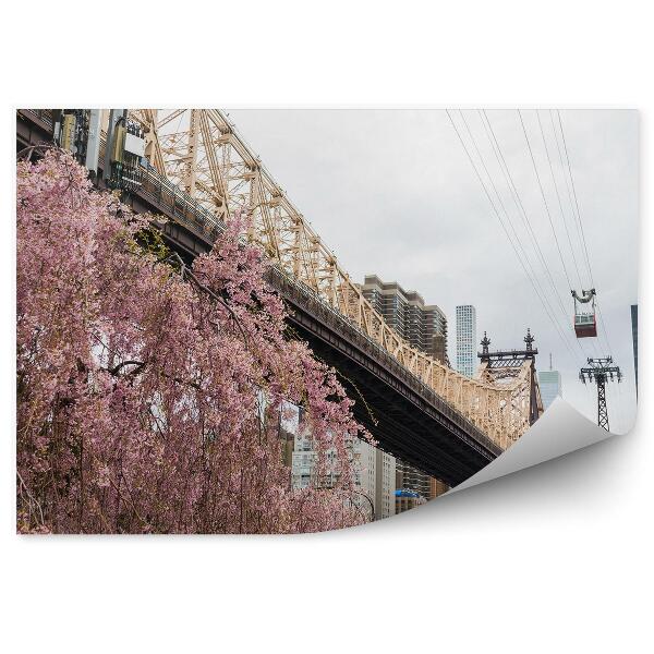 Papier peint Cherry Blossom Brooklyn Bridge Skyscrapers River