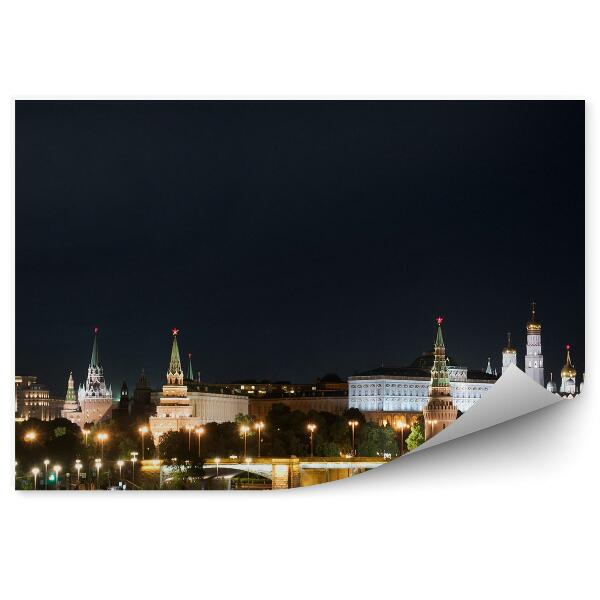 Papier peint Vue Du Kremlin Moscou Arbres Lampes Pont Rivière Nuit