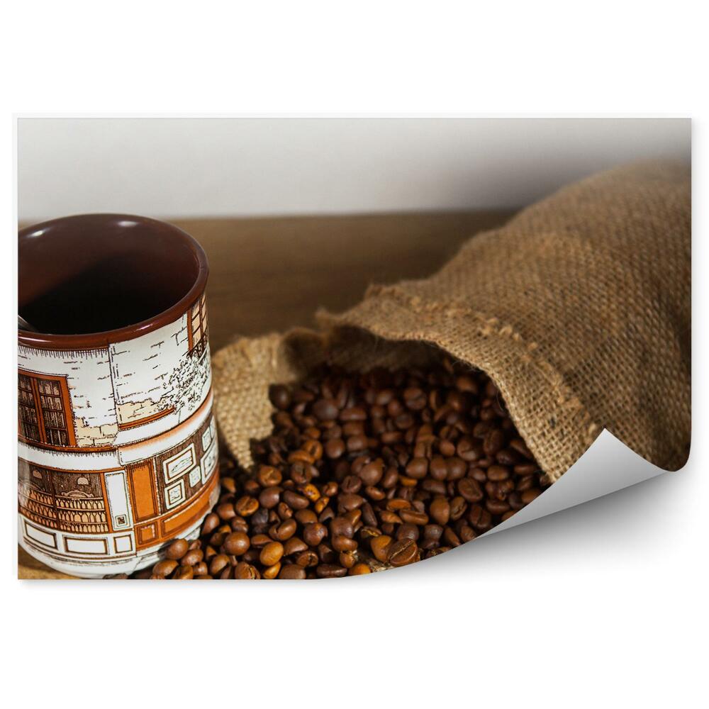 Tapisserie murale Café en grains sac en toile mug table en bois