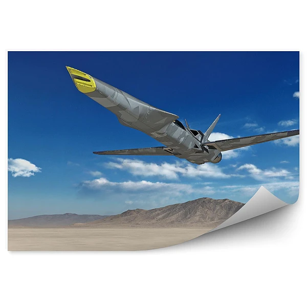 Papier peint Vol d'un avion militaire futuriste dans le ciel du désert