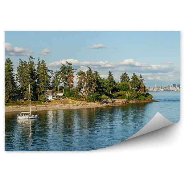 Papier peint Panorama Seattle Conifères Bâtiments Yacht Tour Bâtiments Mer Ciel Nuages