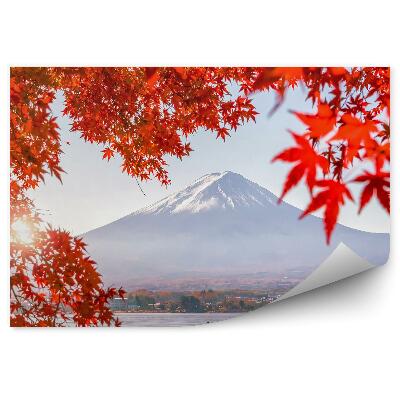 Papier peint Automne Coloré Montagne Fuji Bateaux Feuilles D'érable Lac Kawaguchiko Neige