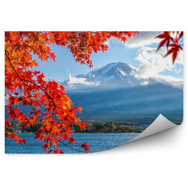 Papier peint Automne Coloré Mont Fuji Bateaux Feuilles D'érable Lac Kawaguchiko Neige Brouillard