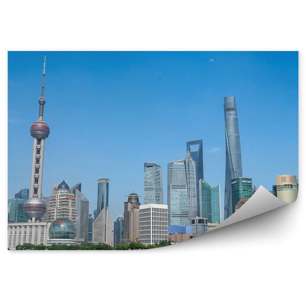 Papier peint Shanghai Gratte-Ciel Arbres Océan Ciel Nuages