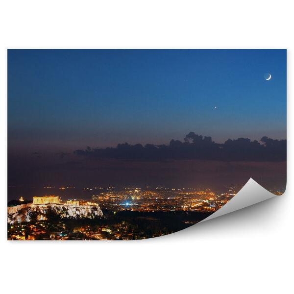 Papier peint Vue de l'oeil d'oiseau Panorama Ville d'Athènes Grèce Ciel Lune Nuages