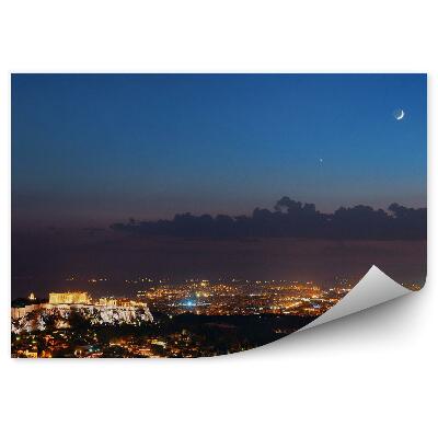 Papier peint Vue de l'oeil d'oiseau Panorama Ville d'Athènes Grèce Ciel Lune Nuages