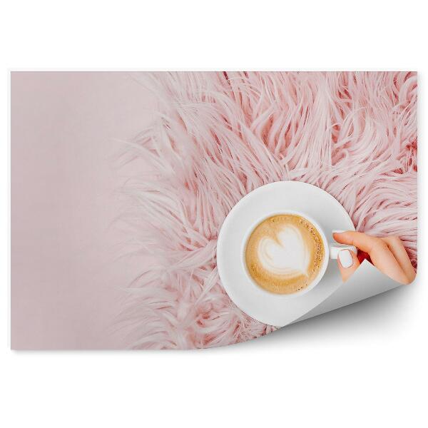 Papier peint panoramique Main de femme tasse café mousse fond rose coussin