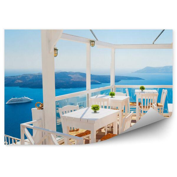 Papier peint Terrasse Chaises Tables Mer Yachts Montagnes Santorin Grèce