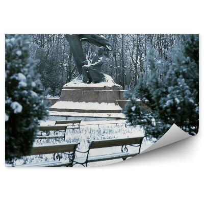 Papier peint Monument Chopin Varsovie Hiver Neige Bancs Arbres