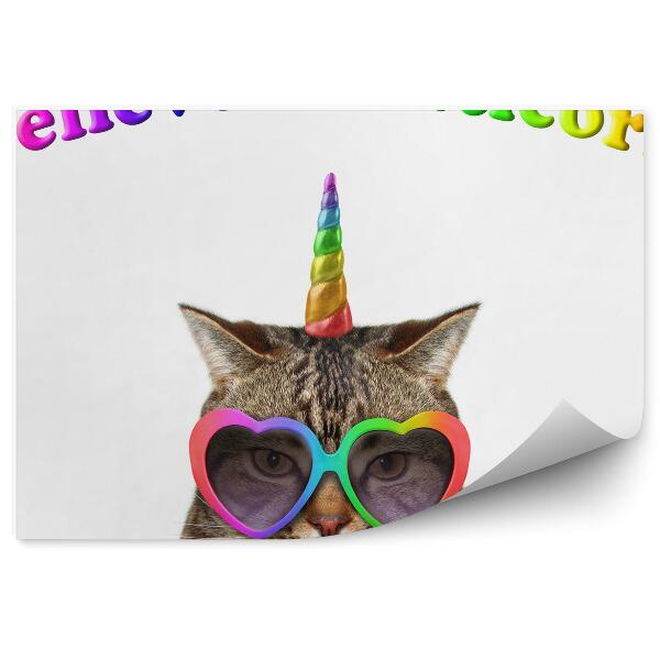 Papier peint Chat Licorne Avec Lunettes Arc-En-Ciel Colorées