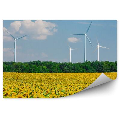 Papier peint Champ de tournesols moulins à vent arbres nuages ciel fleurs