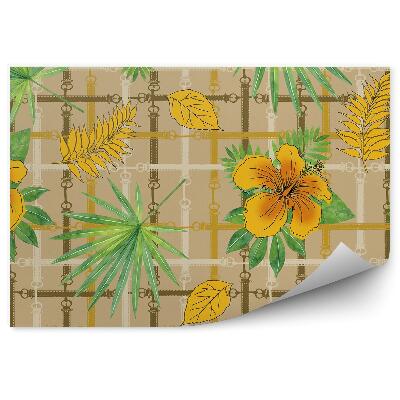 Papier peint Feuilles de fleurs de monstera jaunes à rayures colorées