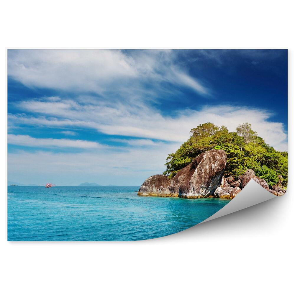 Papier peint rochers île bateau eau bleue horizon montagnes