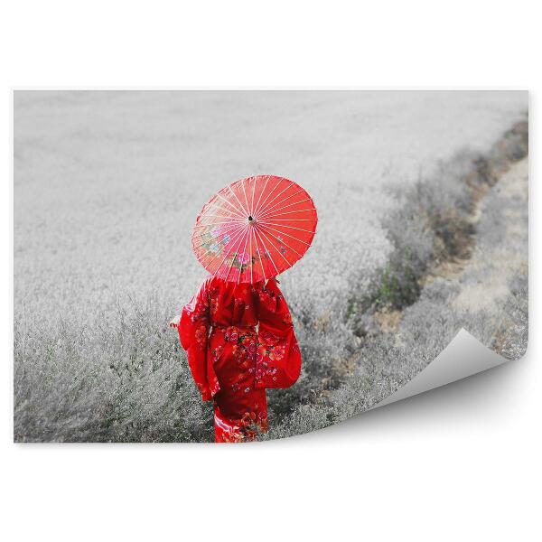 Papier peint Femme en kimono avec parapluie chemin champ