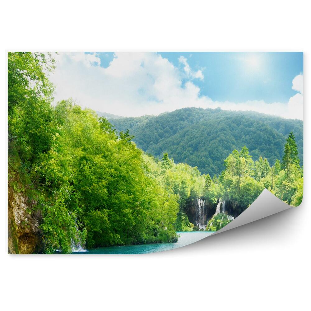 Papier peint Colline Forêt Cascade Eau Bleue