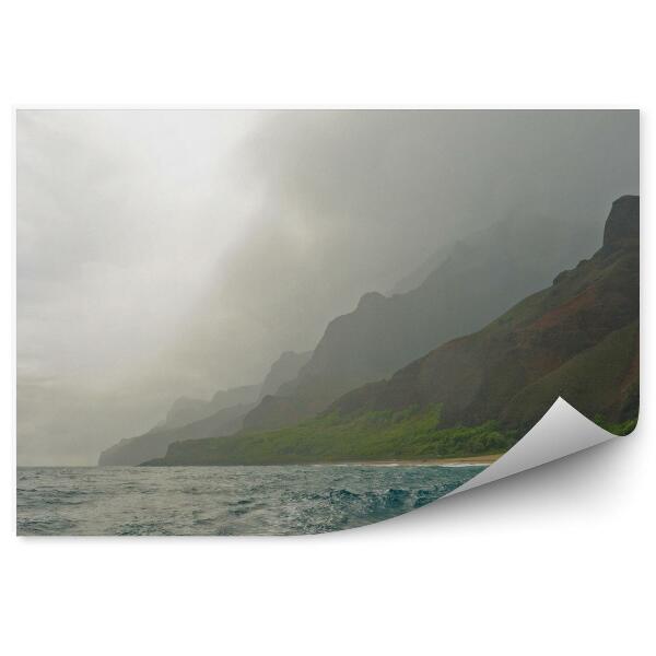 Papier peint Océan Mer Montagnes Vert Ciel Nuages Île