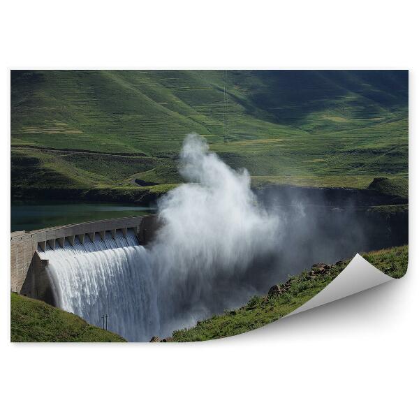 Papier peint Barrage Montagne Vert Eau Brume Ciel Nuages