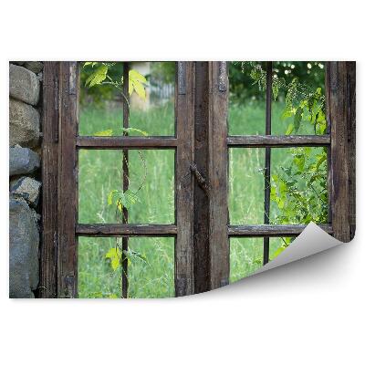 Papier peint Pierres fenêtre en bois herbe verdure