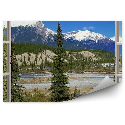 Papier peint Arbres de Noël pics montagneux vue par la fenêtre