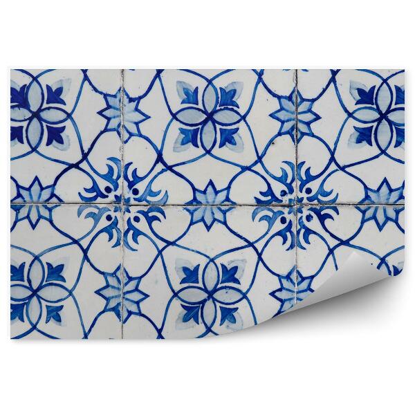 Papier peint Motif bleu lignes fleurs carreaux vintage