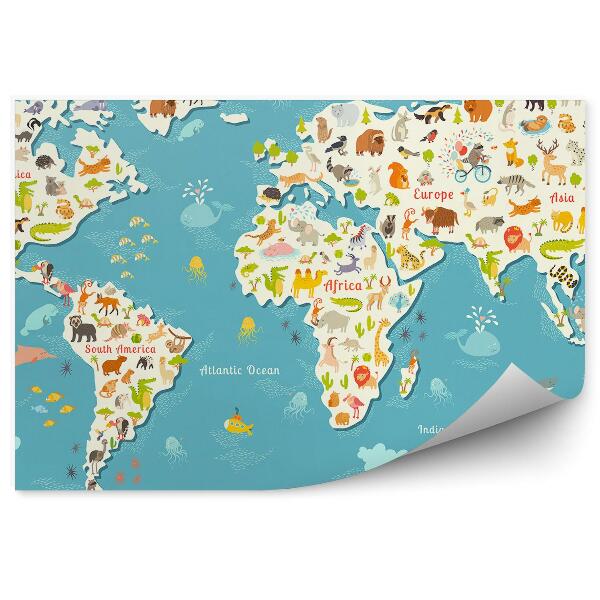 Papier peint panoramique Carte du monde continents animaux