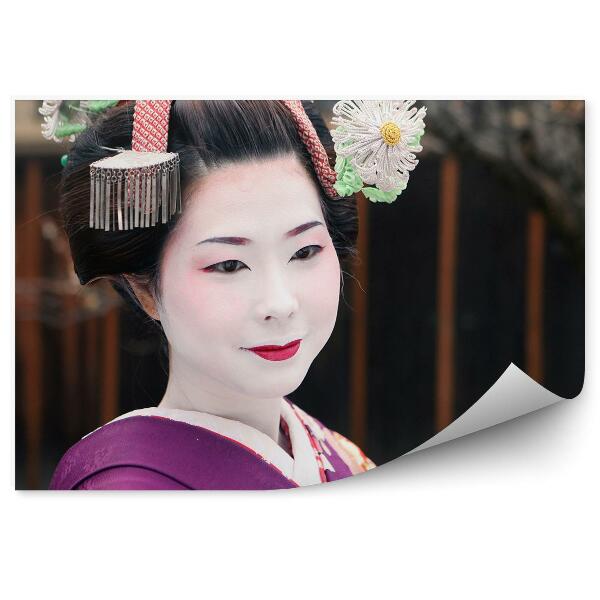 Papier peint Portrait de geisha maquillage kimono temple japonais