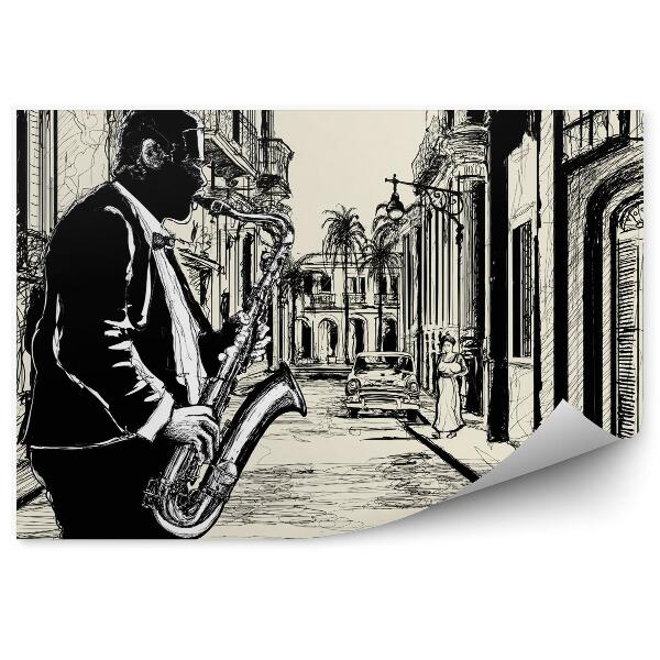 Tapisserie murale Saxophoniste dans la rue à Cuba 