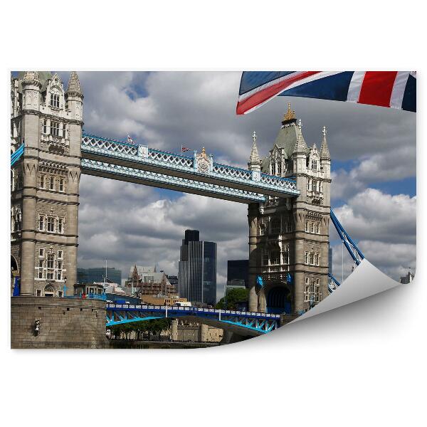 Papier peint Tower Bridge Ciel Nuages Bateaux Fleuve Londres Drapeau de l'Angleterre