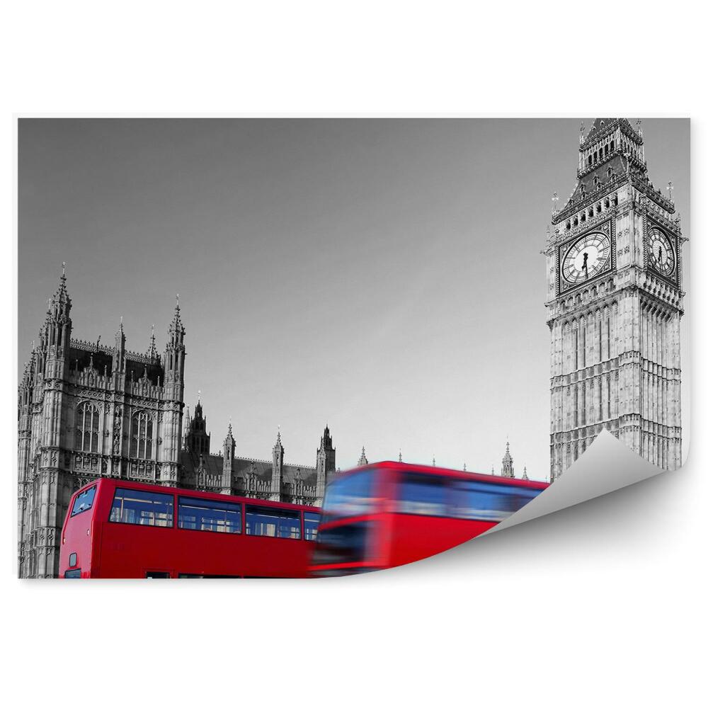 Papier peint noir et blanc big ben london bus rouge