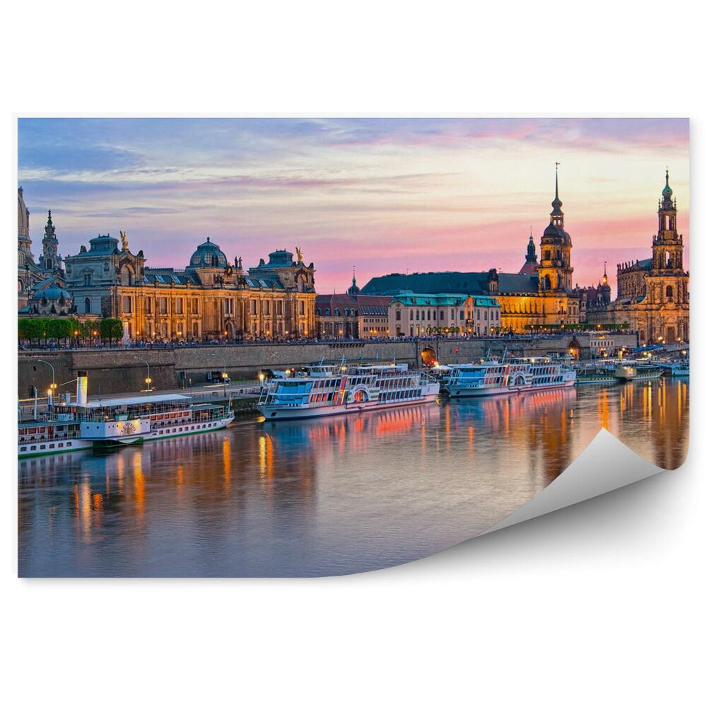 Papier peint Dresde Bâtiments Bateaux Fleuve Ciel Coucher De Soleil