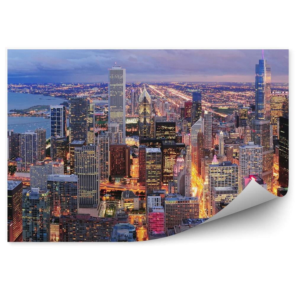 Papier peint Chicago Night Skyline Skyscrapers Lights Ocean