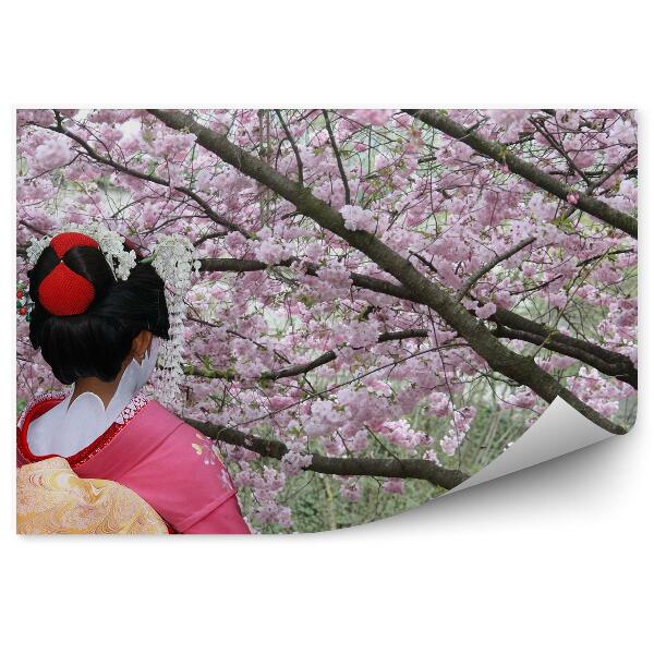 Papier peint Maquillage de geisha kimono fleurs d'arbre sakura