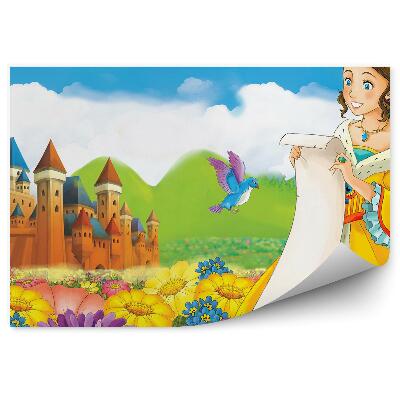 Tapisserie murale Princesse château oiseaux fleurs montagnes nuages