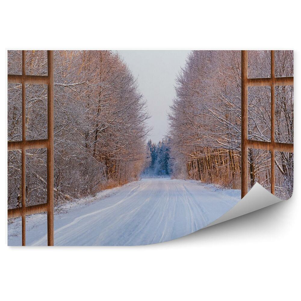 Papier peint Forêt d'hiver chemin de neige fenêtre ouverte en bois