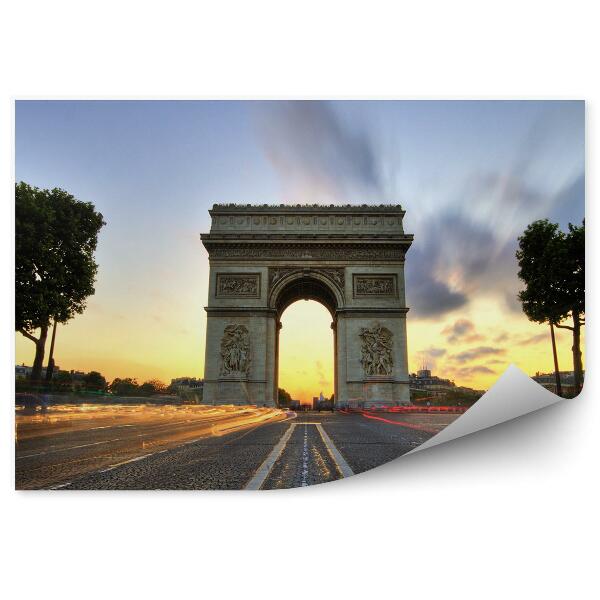 Papier peint Arc de Triomphe Coucher de soleil Arbres Pavés Voitures Paris